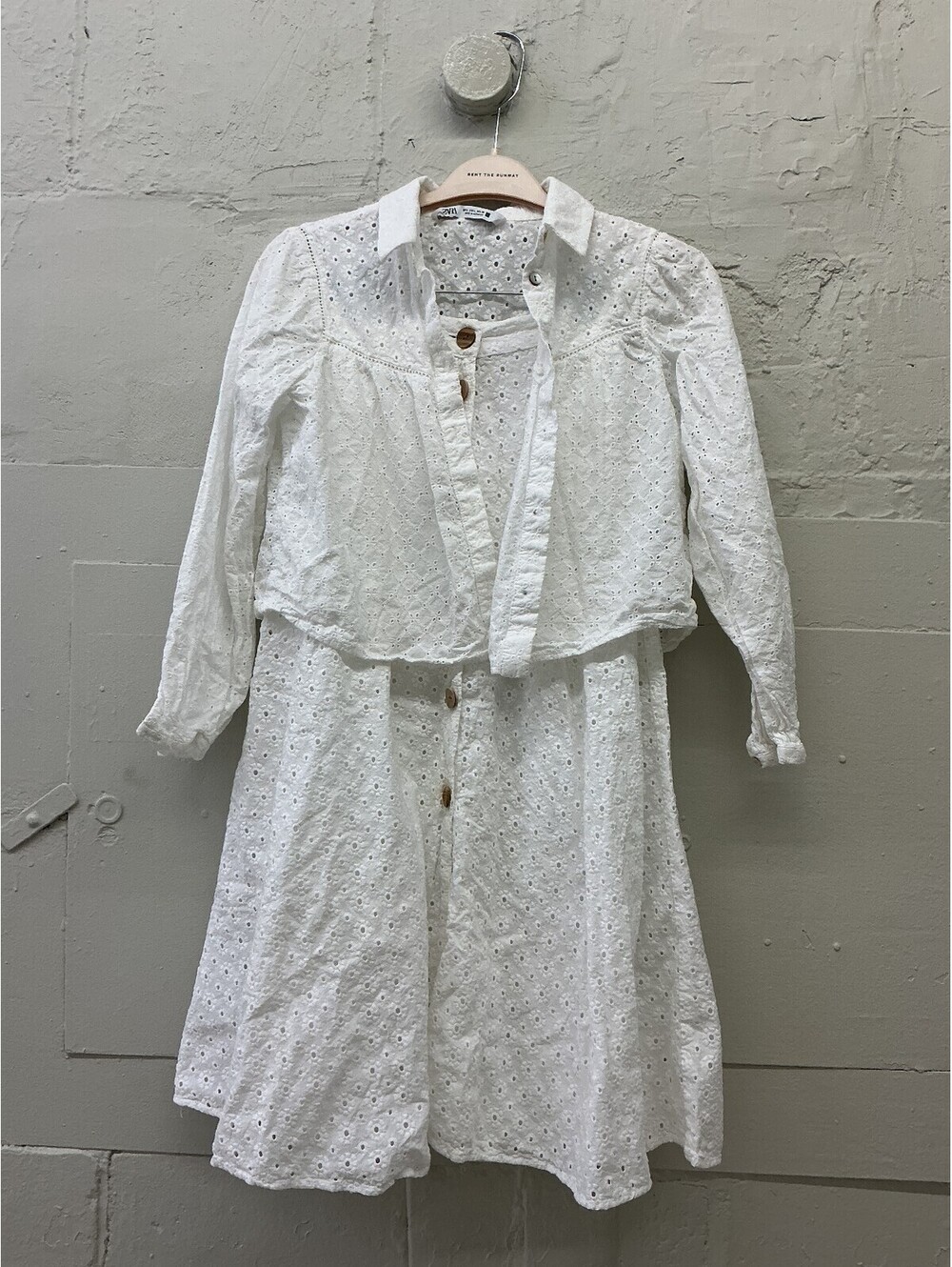 Zara White Eyelet two piece skirt set with Button Front and Long Sleeves